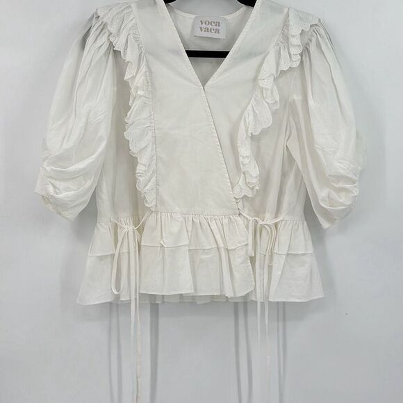 Voca Vaca Womens Ruffle Eyelet V-Neck Blouse White Small - Picture 3 of 12